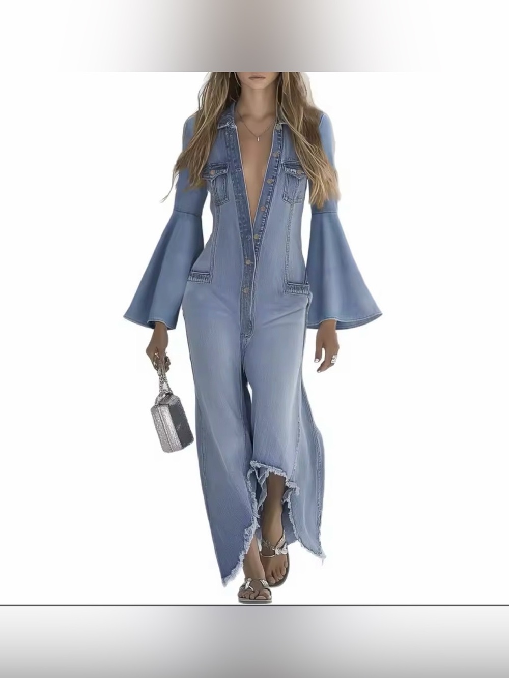 Light Blue Women's Denim Jumpsuit Jeans with Bell Sleeves